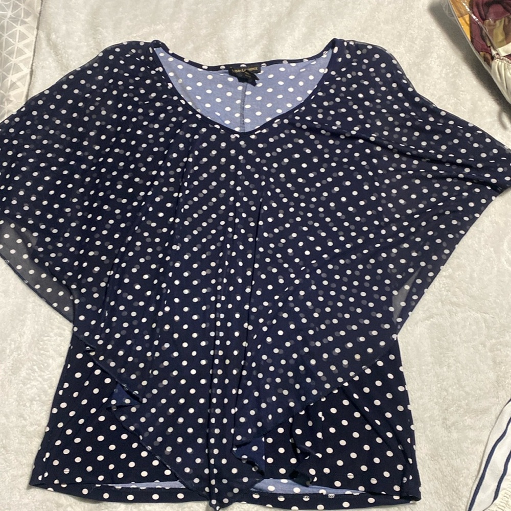 Susan Lawrence navy blue polka dot blouse